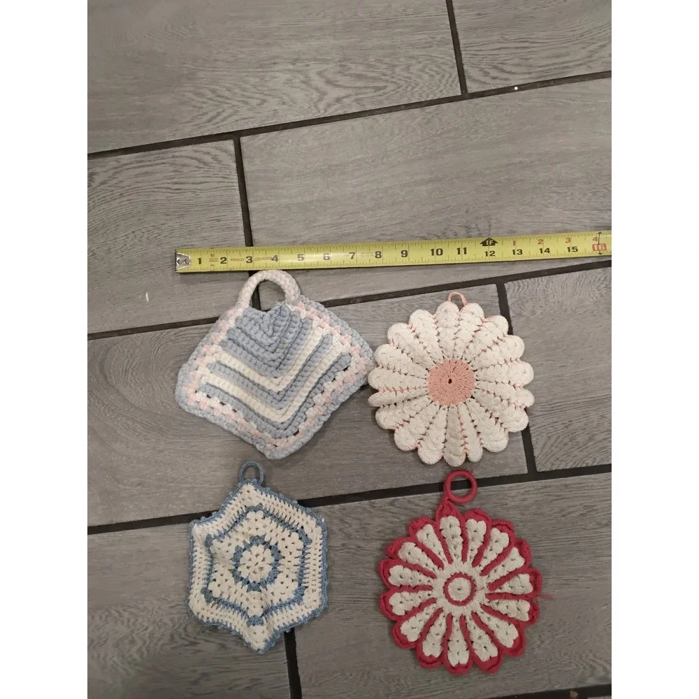 Vintage Handmade Crochet Pot Holders Set of 4 Floral Chevron Cottagecore Kitchen